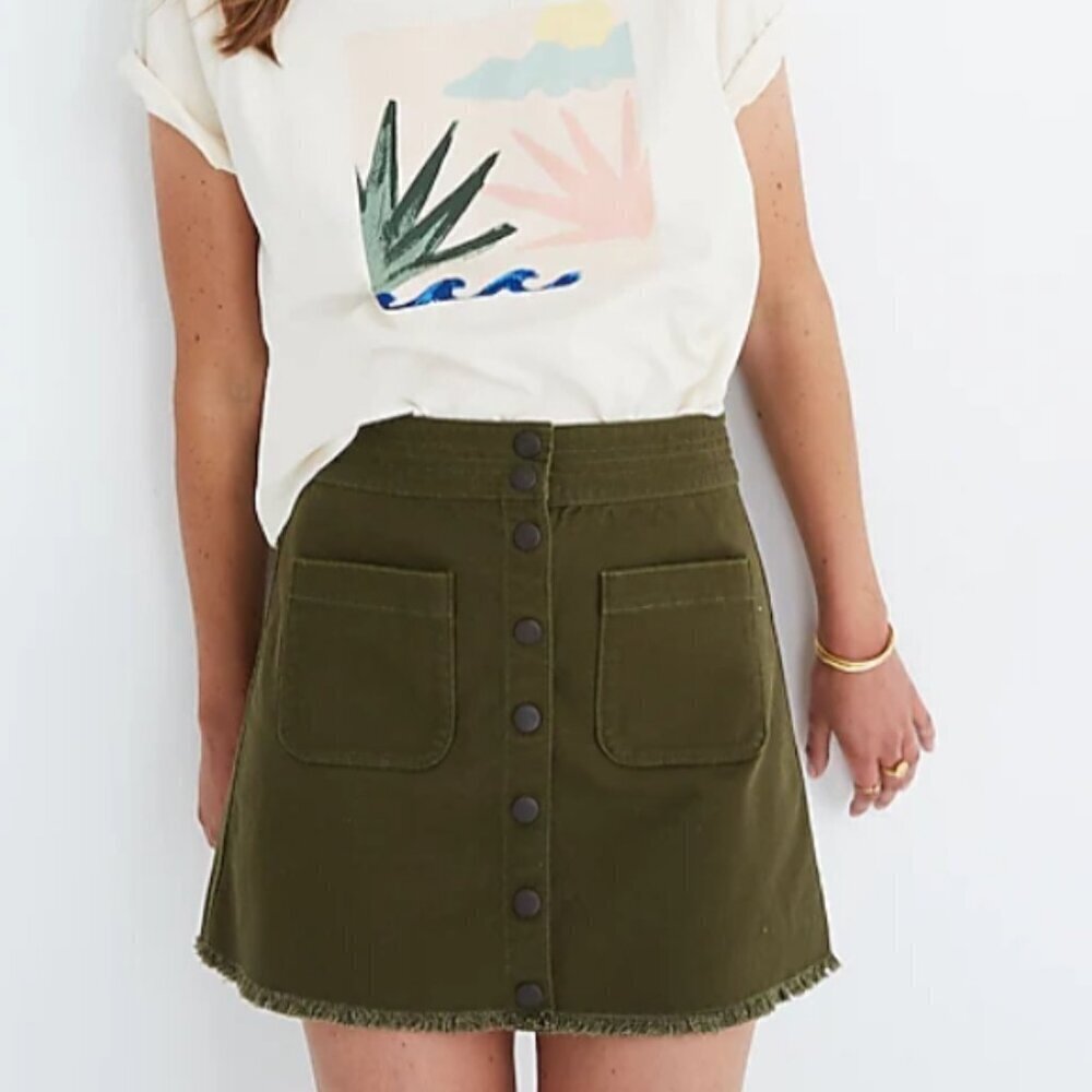 Madewell Olive High-Rise Button-Front A-Line Skirt